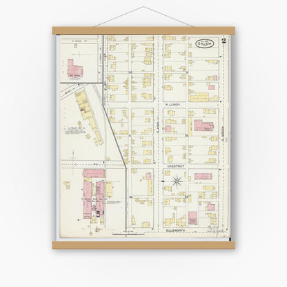 Old map wall art mockup — magnetic wood frame on white wall — Sanborn Fire Insurance Map from Salem, Columbiana County, Ohio (1892), Sheet #0002