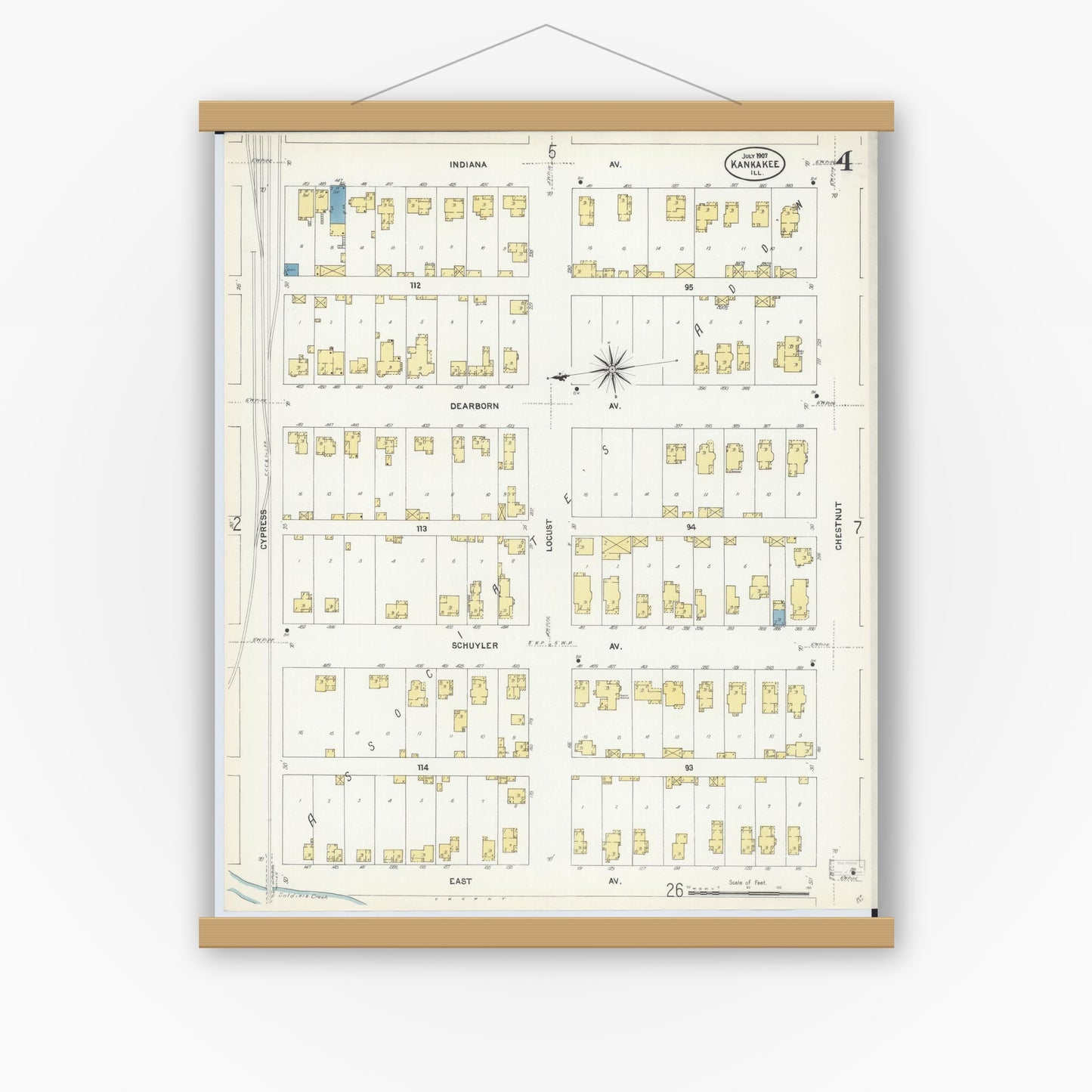 Old map wall art mockup — magnetic wood frame on white wall — Sanborn Fire Insurance Map from Kankakee, Kankakee County, Illinois (1907), Sheet #0004