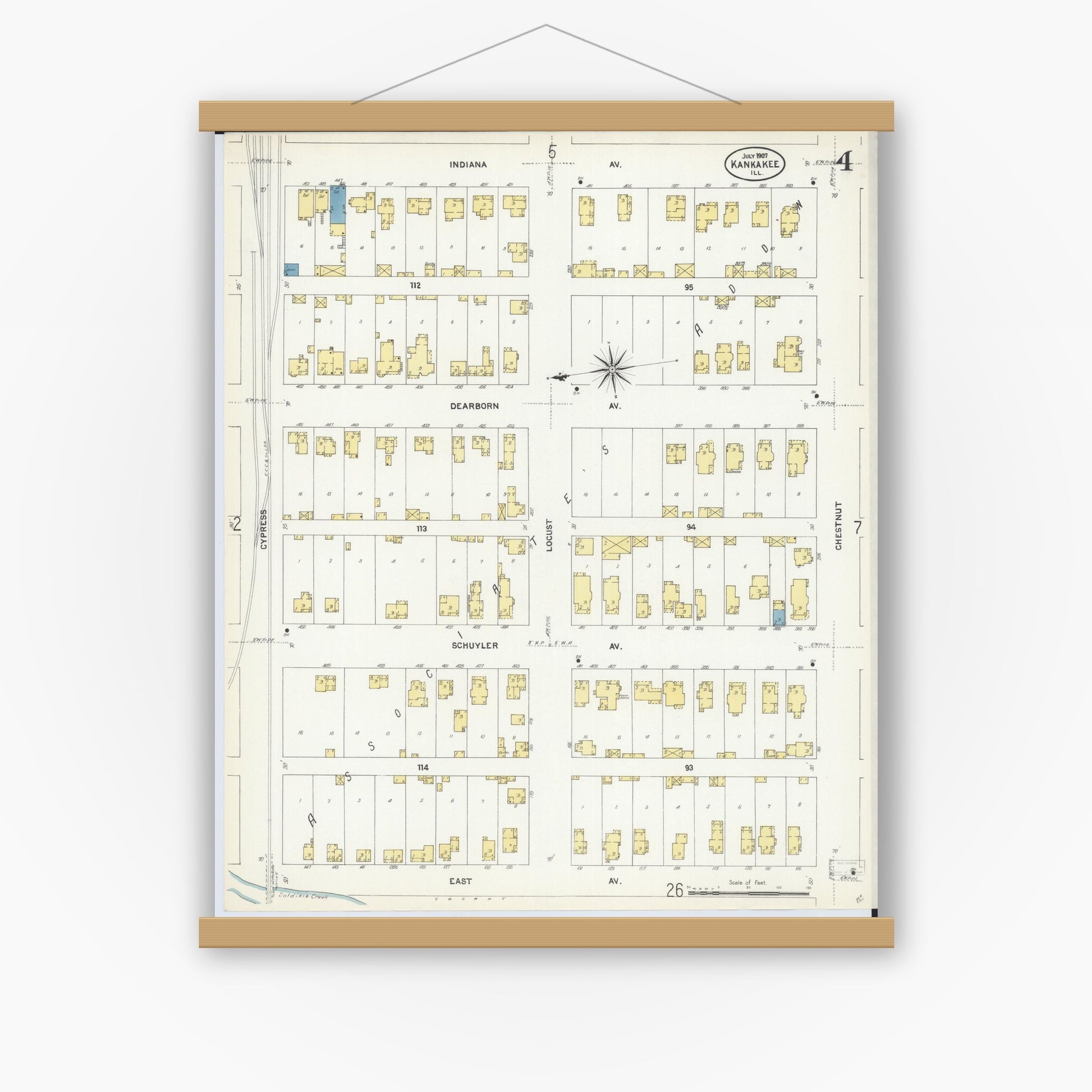 Old map wall art mockup — magnetic wood frame on white wall — Sanborn Fire Insurance Map from Kankakee, Kankakee County, Illinois (1907), Sheet #0004