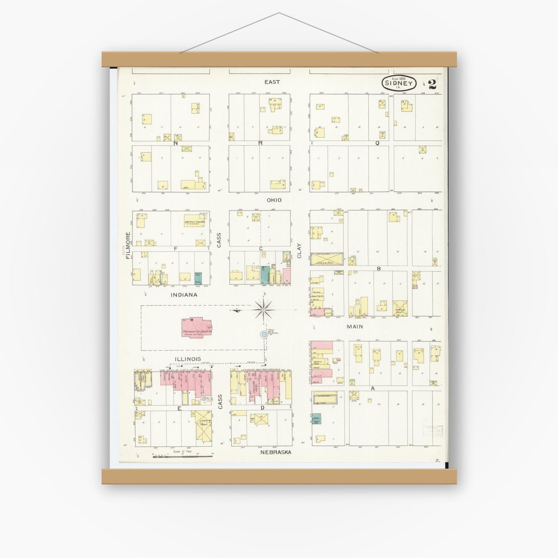 Old map wall art mockup — magnetic wood frame on white wall — Sanborn Fire Insurance Map from Sidney, Fremont County, Iowa (1893), Sheet #0002