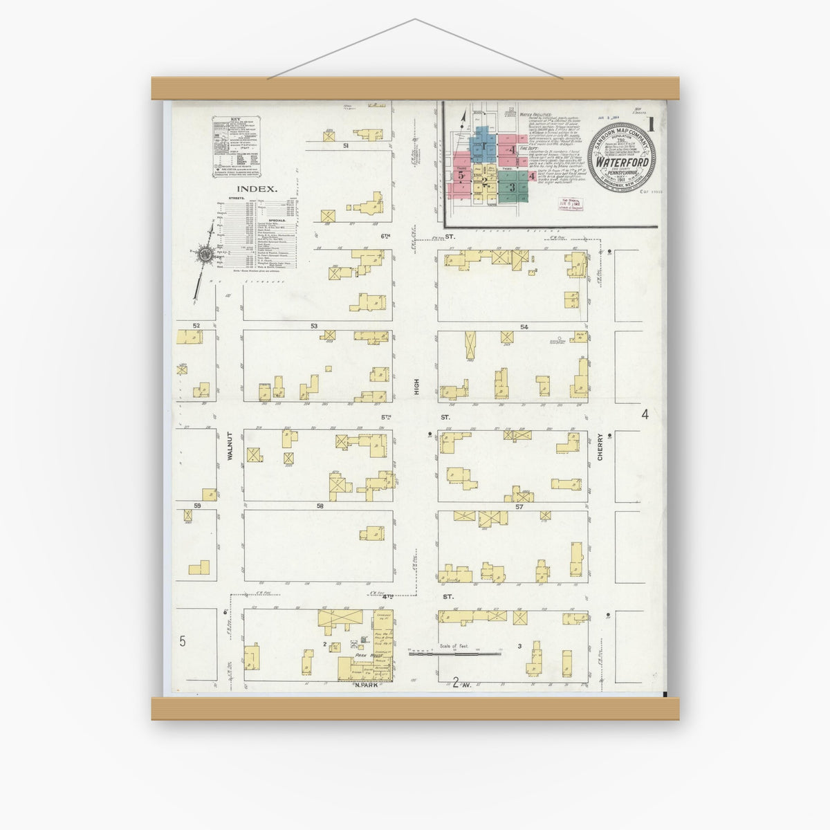 Old map wall art mockup — magnetic wood frame on white wall — Sanborn Fire Insurance Map from Waterford, Erie County, Pennsylvania (1911) - Complete Map Set