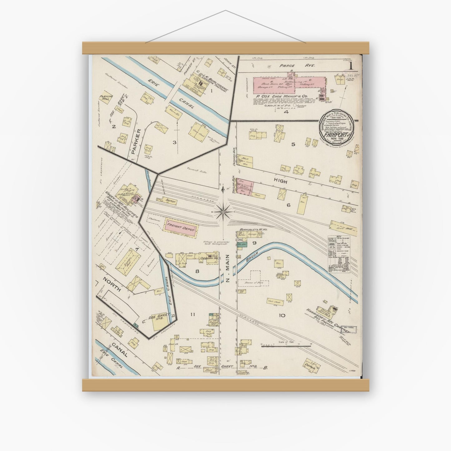 Old map wall art mockup — magnetic wood frame on white wall — Sanborn Fire Insurance Map from Fairport, Monroe County, New York (1885) - Complete Map Set