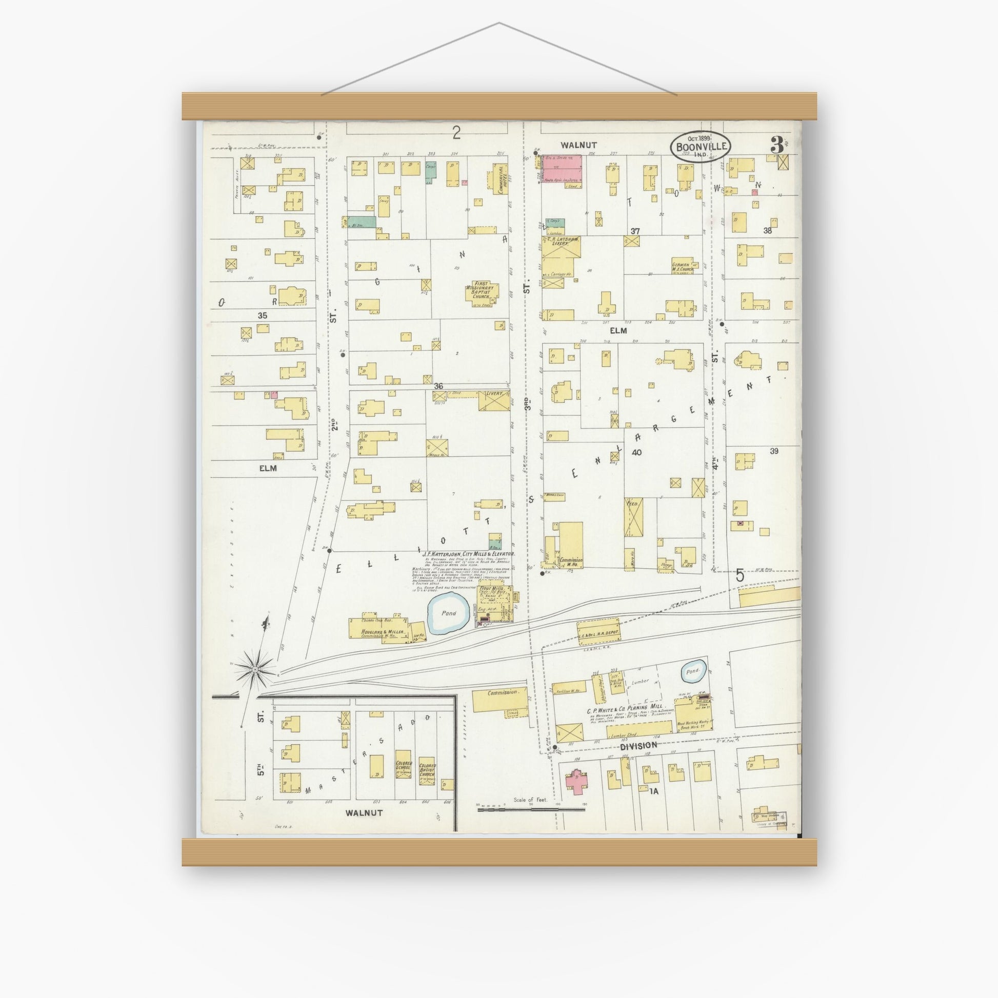 Old map wall art mockup — magnetic wood frame on white wall — Sanborn Fire Insurance Map from Boonville, Warrick County, Indiana (1899), Sheet #0003
