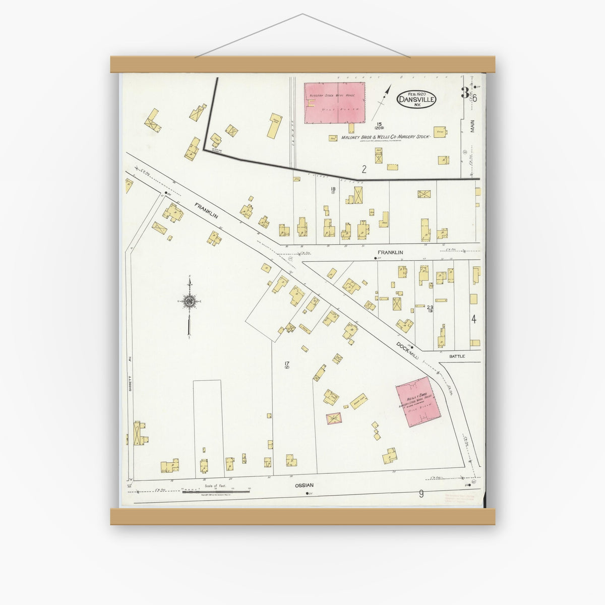 Old map wall art mockup — magnetic wood frame on white wall — Sanborn Fire Insurance Map from Dansville, Livingston County, New York (1920), Sheet #0003