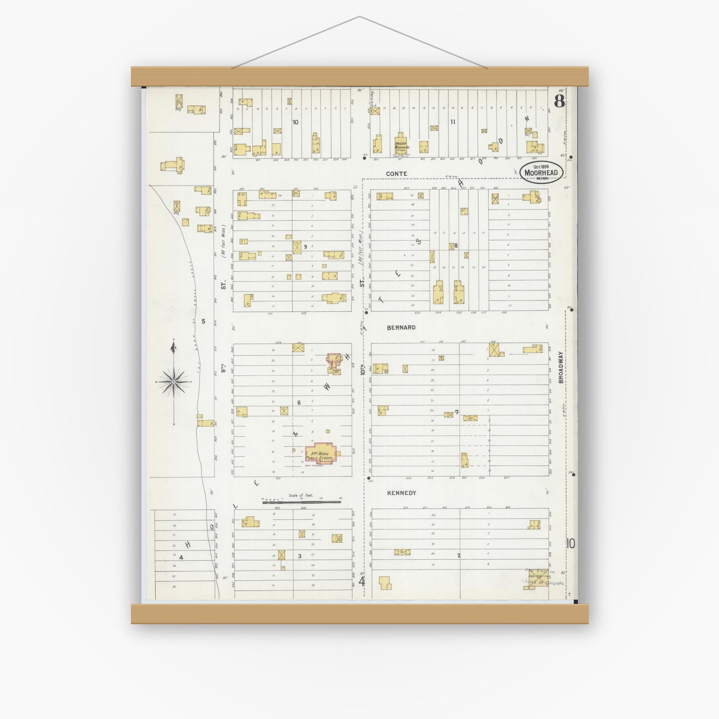 Old map wall art mockup — magnetic wood frame on white wall — Sanborn Fire Insurance Map from Moorhead, Clay County, Minnesota (1899), Sheet #0008