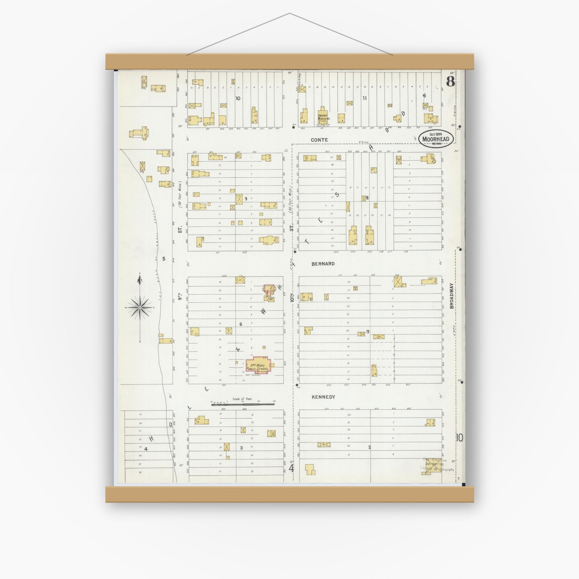 Old map wall art mockup — magnetic wood frame on white wall — Sanborn Fire Insurance Map from Moorhead, Clay County, Minnesota (1899), Sheet #0008