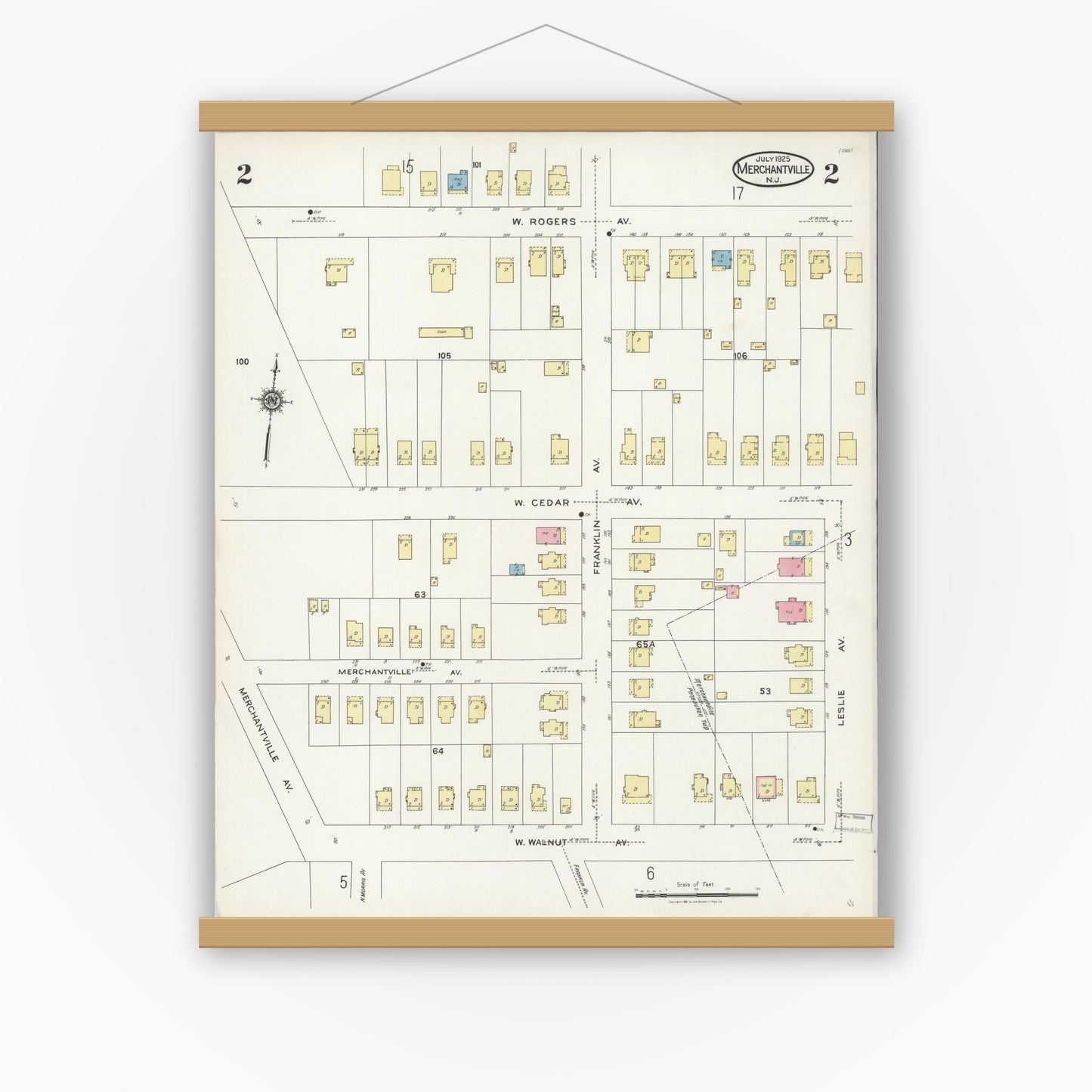 Old map wall art mockup — magnetic wood frame on white wall — Sanborn Fire Insurance Map from Merchantville, Camden County, New Jersey (1925), Sheet #0002