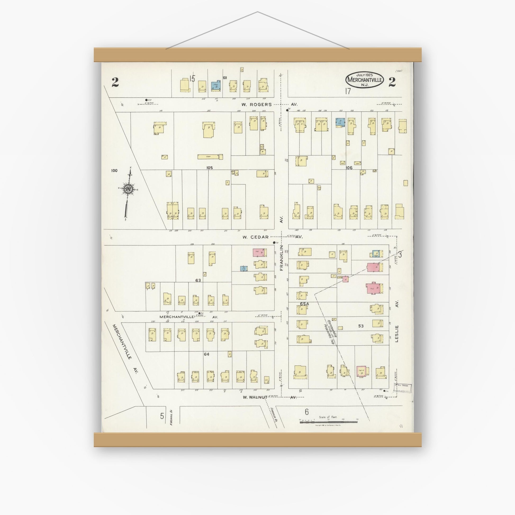 Old map wall art mockup — magnetic wood frame on white wall — Sanborn Fire Insurance Map from Merchantville, Camden County, New Jersey (1925), Sheet #0002
