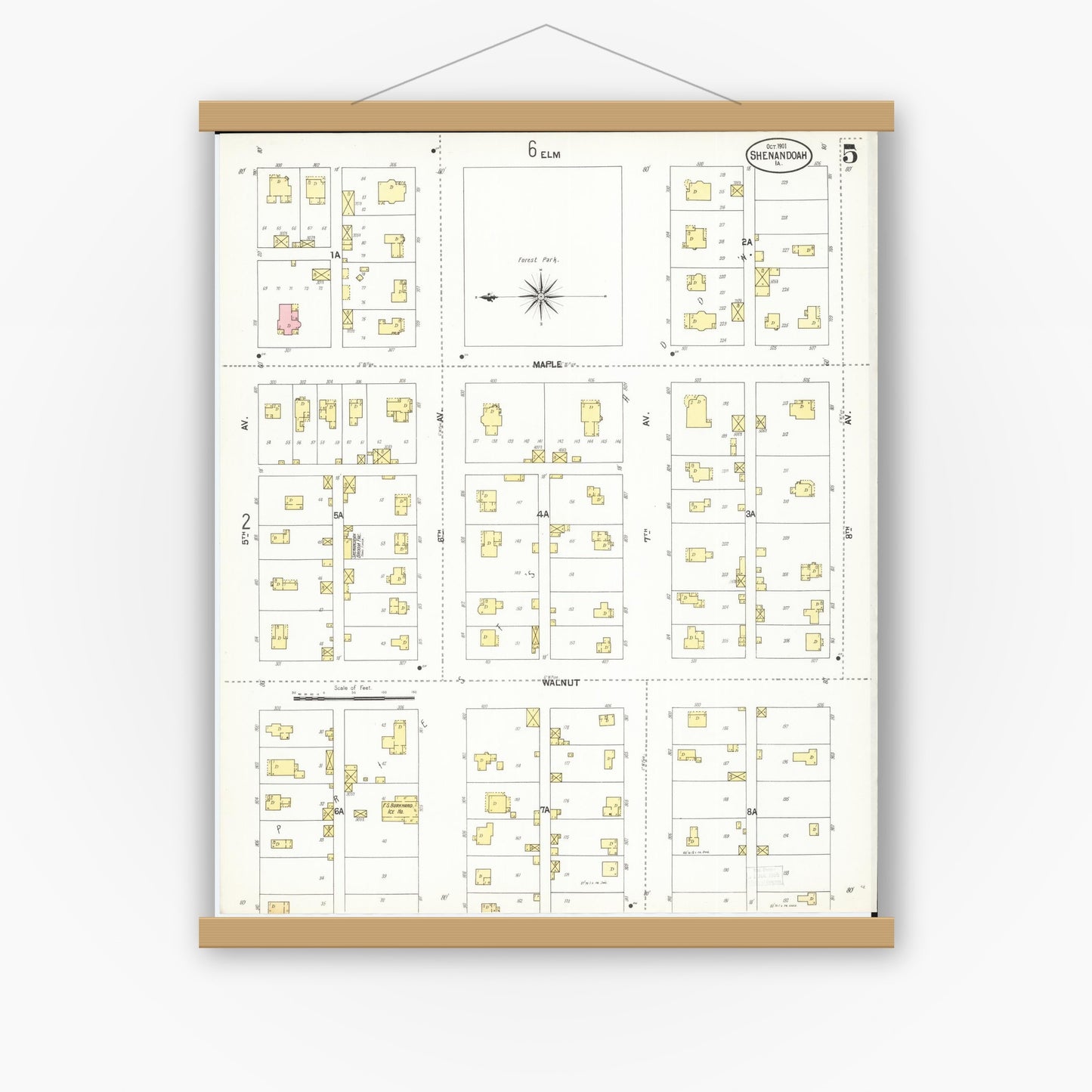 Old map wall art mockup — magnetic wood frame on white wall — Sanborn Fire Insurance Map from Shenandoah, Page County, Iowa (1901), Sheet #0005