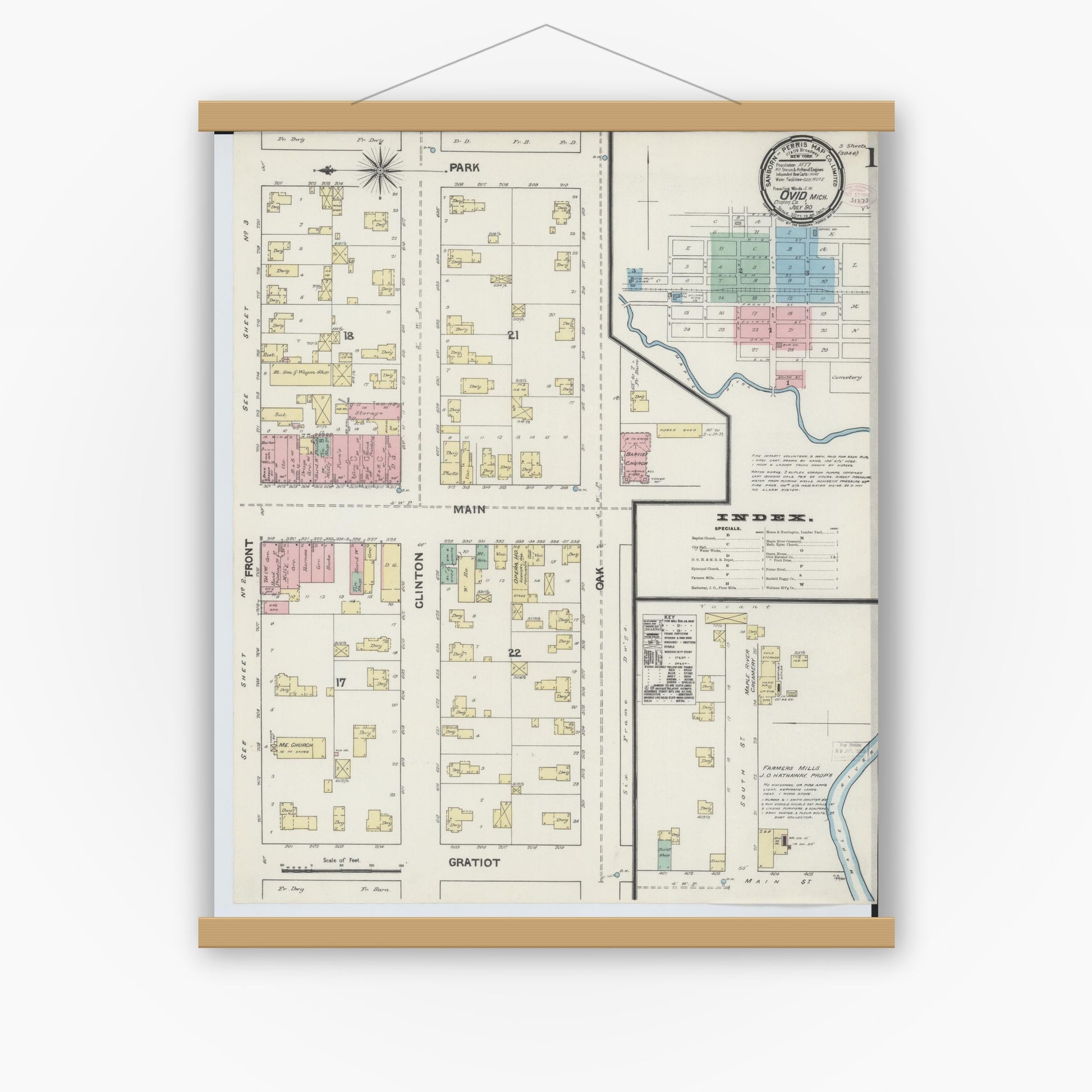 Old map wall art mockup — magnetic wood frame on white wall — Sanborn Fire Insurance Map from Ovid, Clinton County, Michigan (1890), Sheet #0001