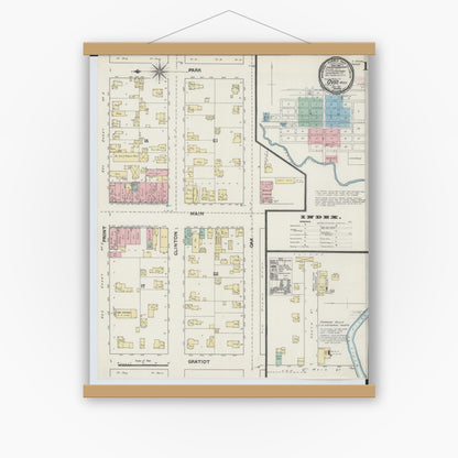 Old map wall art mockup — magnetic wood frame on white wall — Sanborn Fire Insurance Map from Ovid, Clinton County, Michigan (1890), Sheet #0001