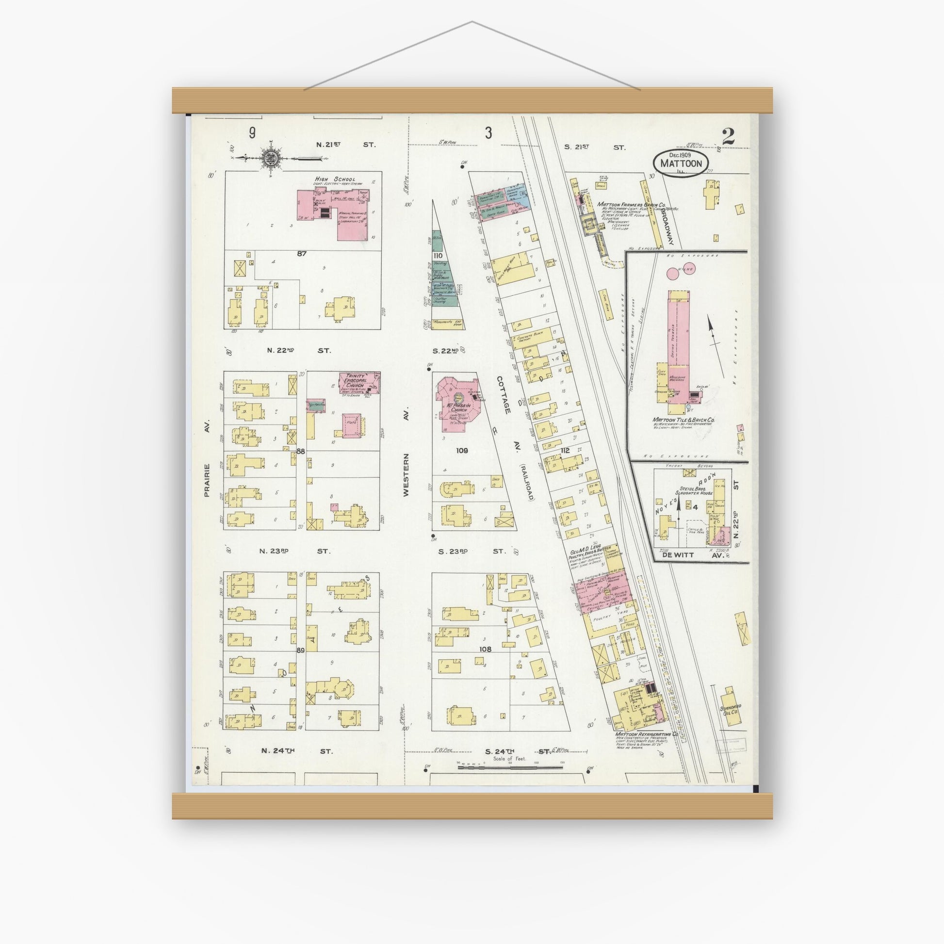 Old map wall art mockup — magnetic wood frame on white wall — Sanborn Fire Insurance Map from Mattoon, Coles County, Illinois (1909), Sheet #0002