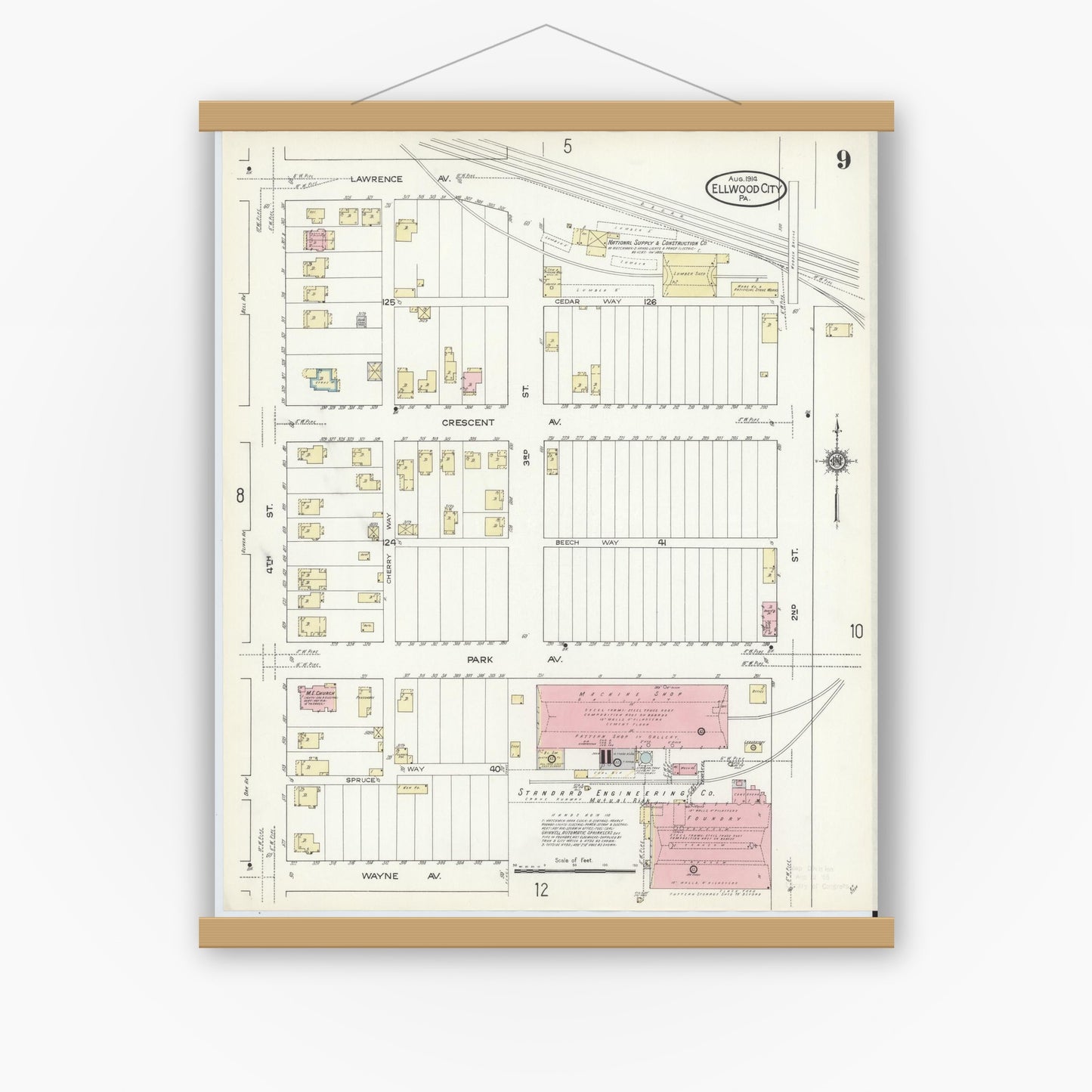Old map wall art mockup — magnetic wood frame on white wall — Sanborn Fire Insurance Map from Ellwood City, Lawrence County, Pennsylvania (1914), Sheet #0009