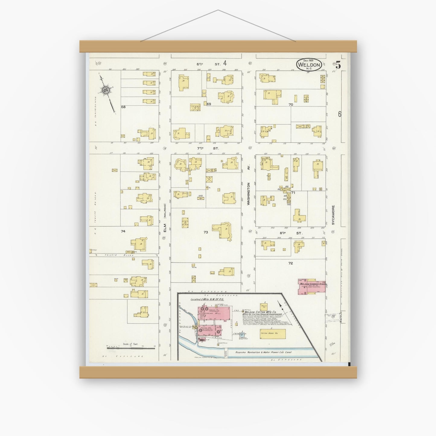 Old map wall art mockup — magnetic wood frame on white wall — Sanborn Fire Insurance Map from Weldon, Halifax County, North Carolina (1909), Sheet #0005