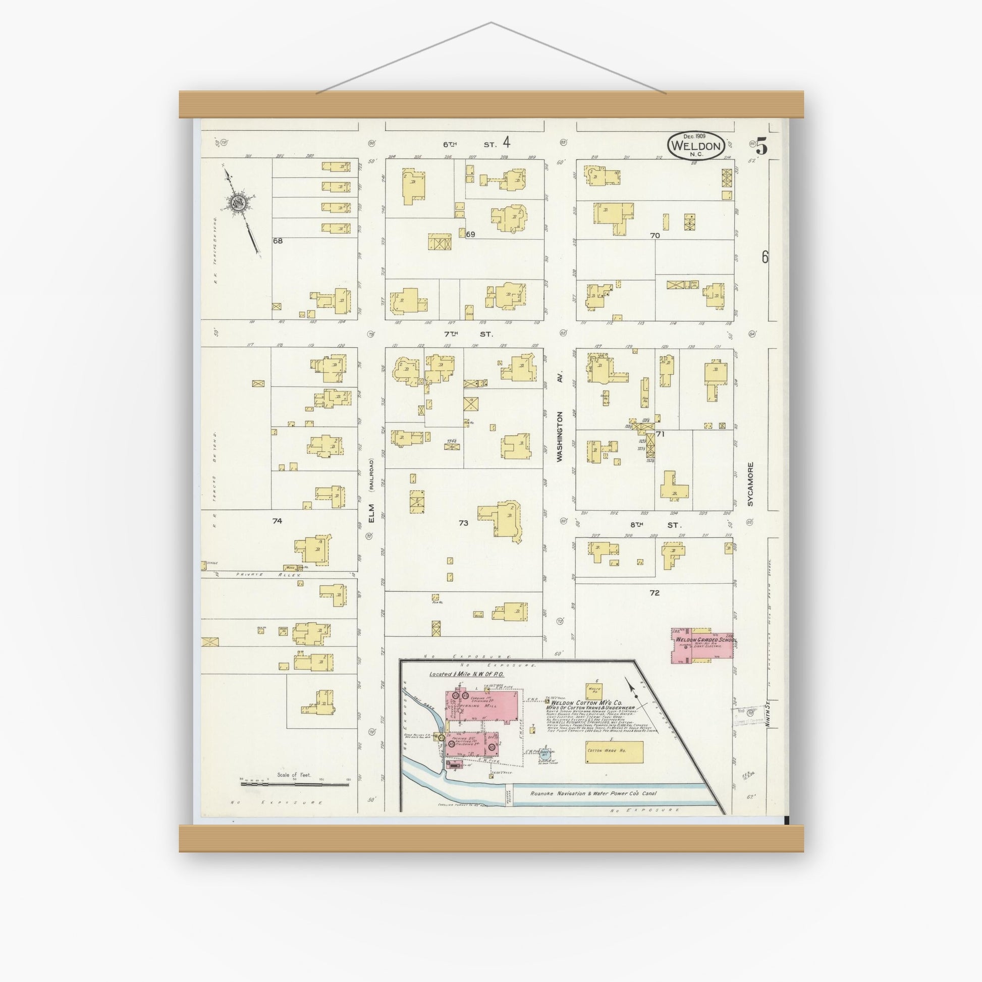 Old map wall art mockup — magnetic wood frame on white wall — Sanborn Fire Insurance Map from Weldon, Halifax County, North Carolina (1909), Sheet #0005