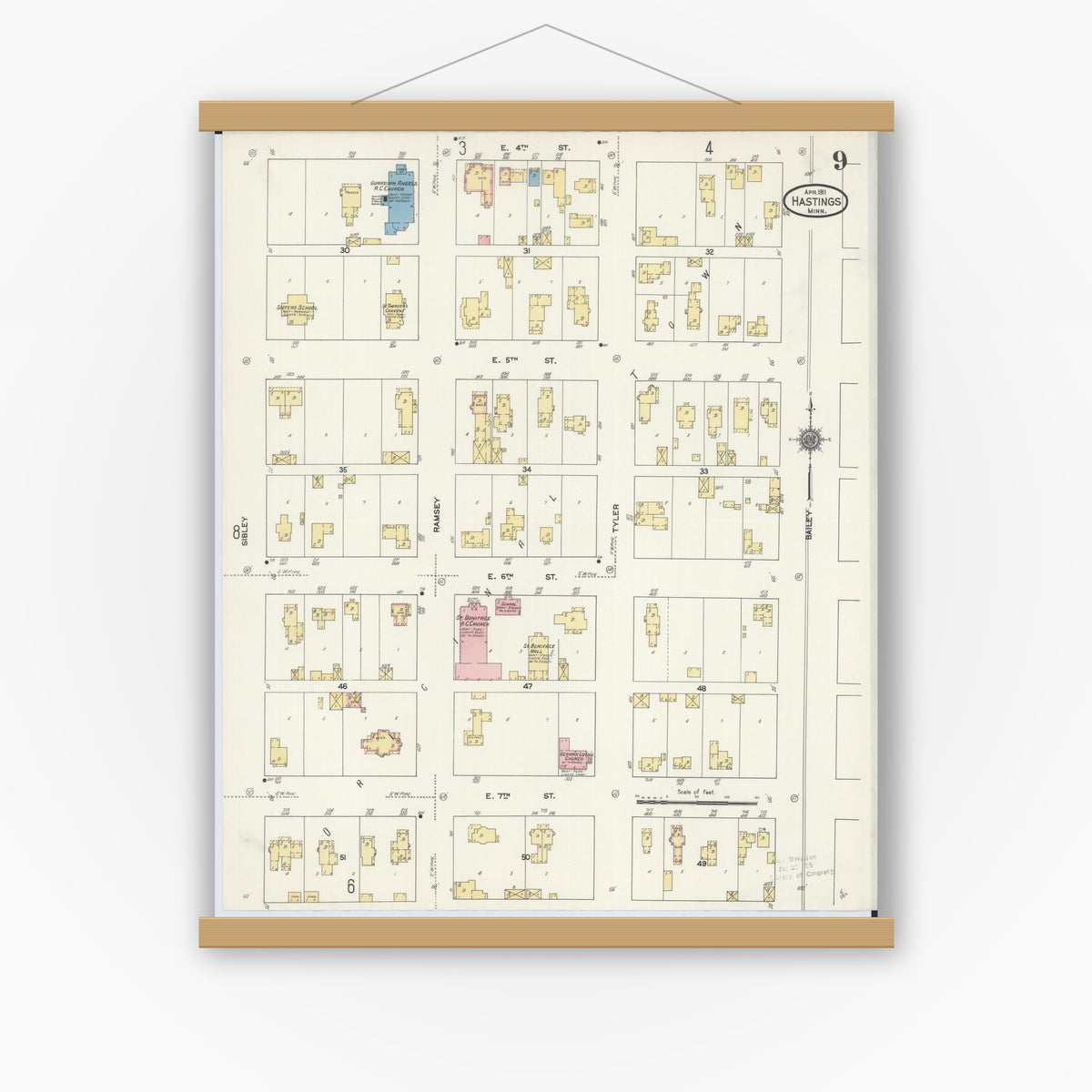 Old map wall art mockup — magnetic wood frame on white wall — Sanborn Fire Insurance Map from Hastings, Dakota County, Minnesota (1911), Sheet #0009