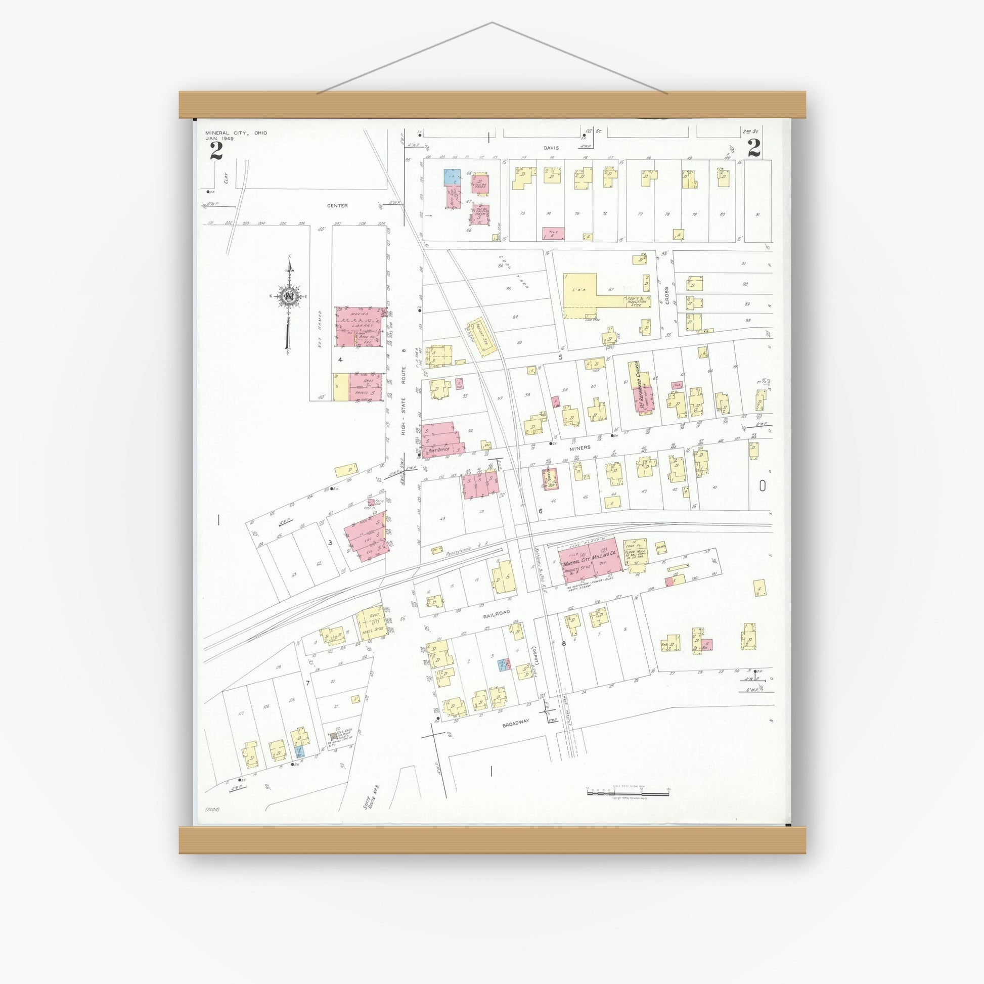 Old map wall art mockup — magnetic wood frame on white wall — Sanborn Fire Insurance Map from Mineral City, Tuscarawas County, Ohio (1949), Sheet #0002