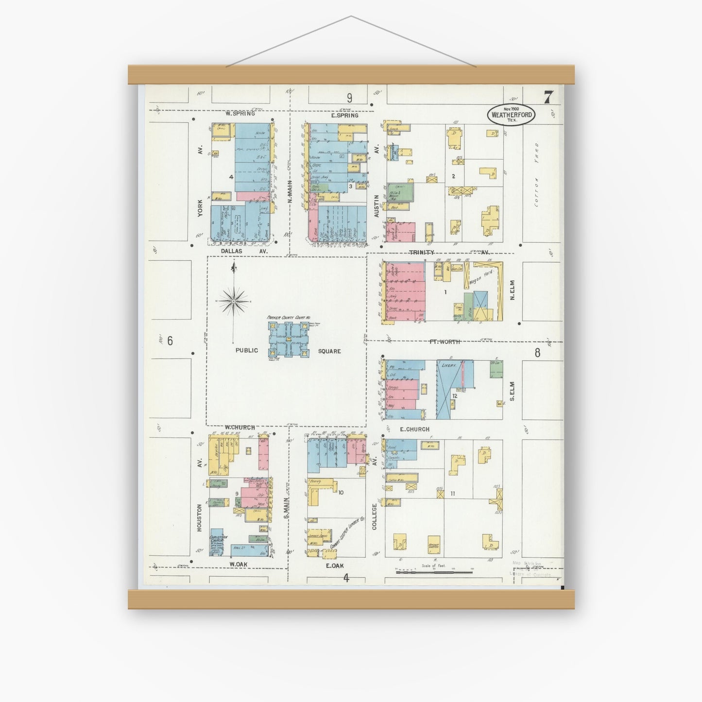 Old map wall art mockup — magnetic wood frame on white wall — Sanborn Fire Insurance Map from Weatherford, Parker County, Texas (1900), Sheet #0007
