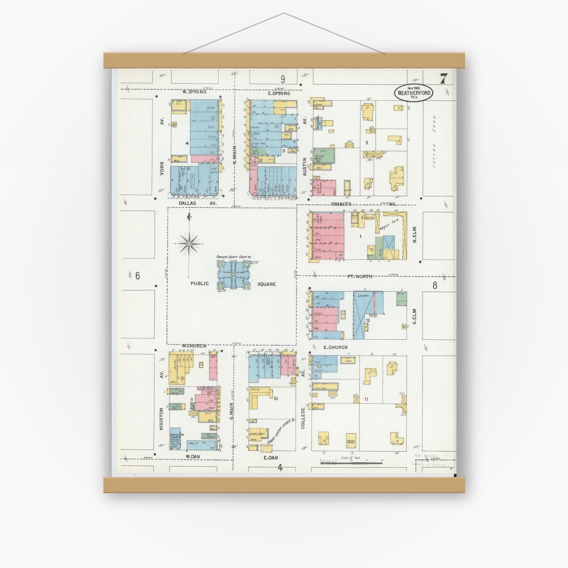 Old map wall art mockup — magnetic wood frame on white wall — Sanborn Fire Insurance Map from Weatherford, Parker County, Texas (1900), Sheet #0007