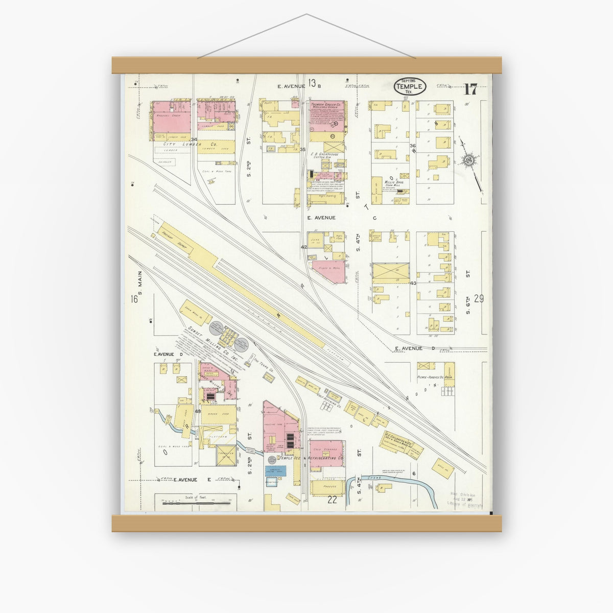Old map wall art mockup — magnetic wood frame on white wall — Sanborn Fire Insurance Map from Temple, Bell County, Texas (1915), Sheet #0017