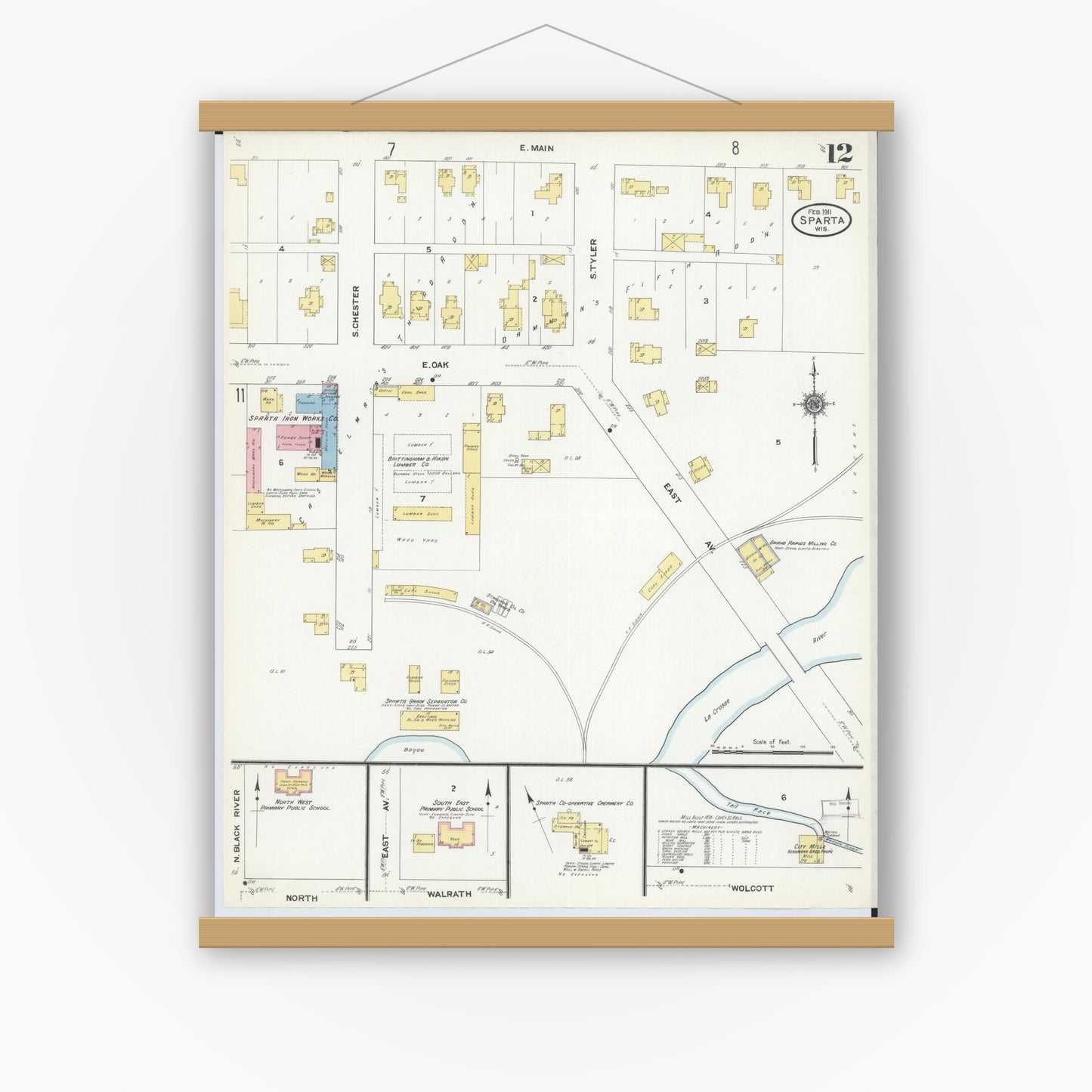 Old map wall art mockup — magnetic wood frame on white wall — Sanborn Fire Insurance Map from Sparta, Monroe County, Wisconsin (1911), Sheet #0012