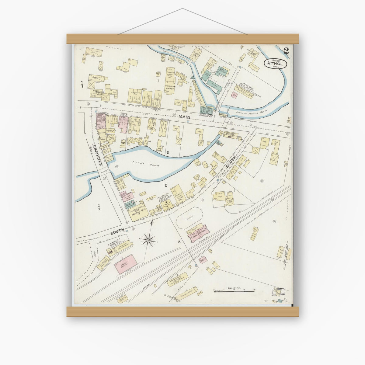 Old map wall art mockup — magnetic wood frame on white wall — Sanborn Fire Insurance Map from Athol, Worcester County, Massachusetts (1887), Sheet #0002