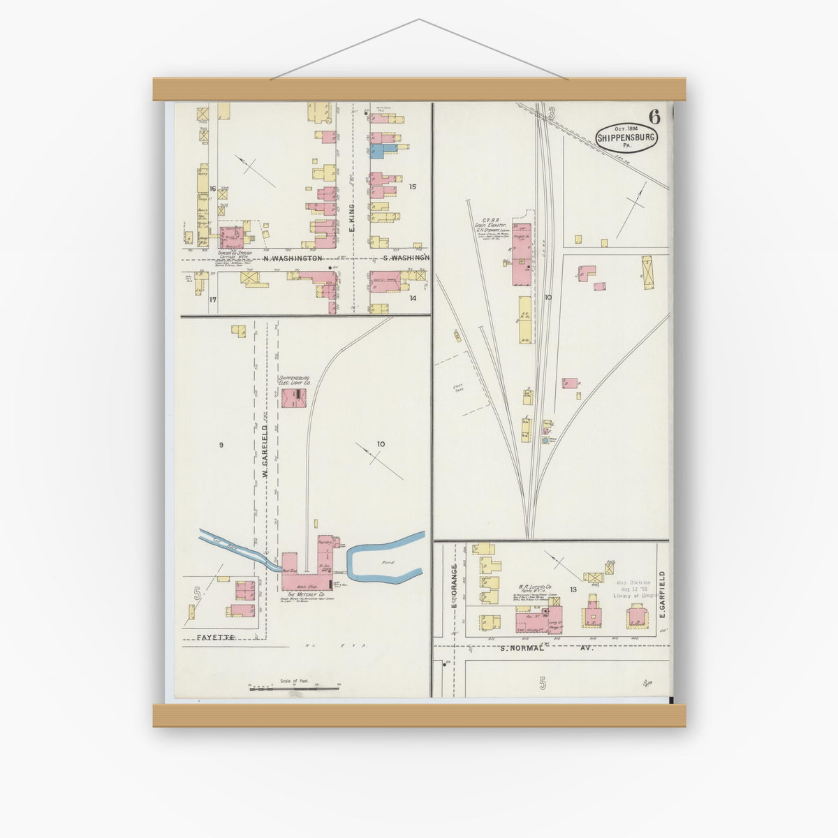 Old map wall art mockup — magnetic wood frame on white wall — Sanborn Fire Insurance Map from Shippensburg, Cumberland And Franklin Counties, Pennsylvania (1894), Sheet #0006