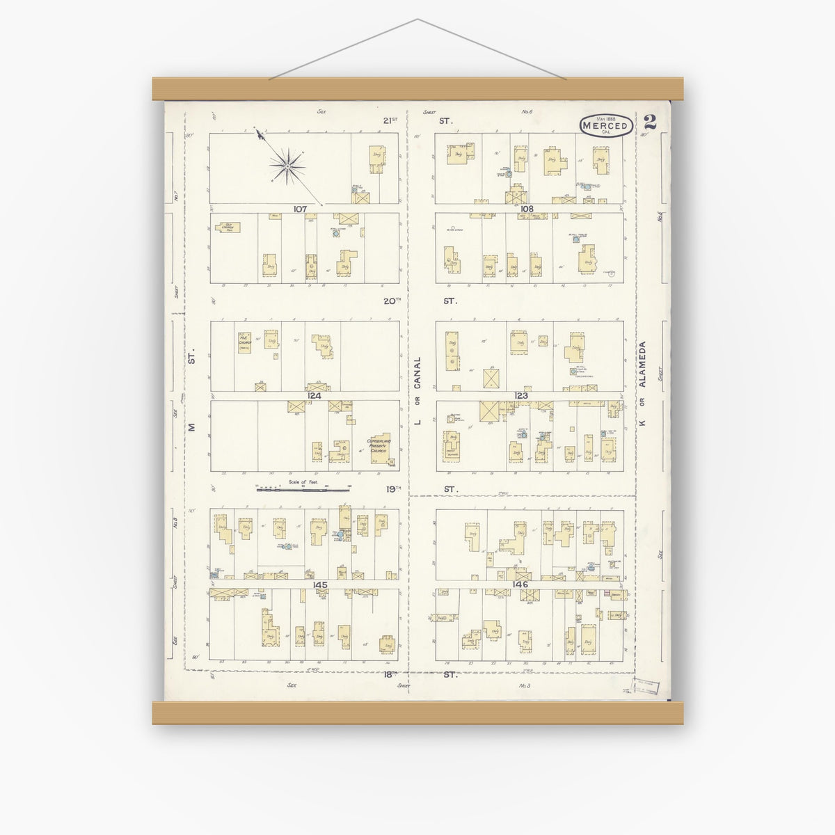 Old map wall art mockup — magnetic wood frame on white wall — Sanborn Fire Insurance Map from Merced, Merced County, California (1888), Sheet #0002