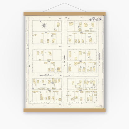 Old map wall art mockup — magnetic wood frame on white wall — Sanborn Fire Insurance Map from Merced, Merced County, California (1888), Sheet #0002