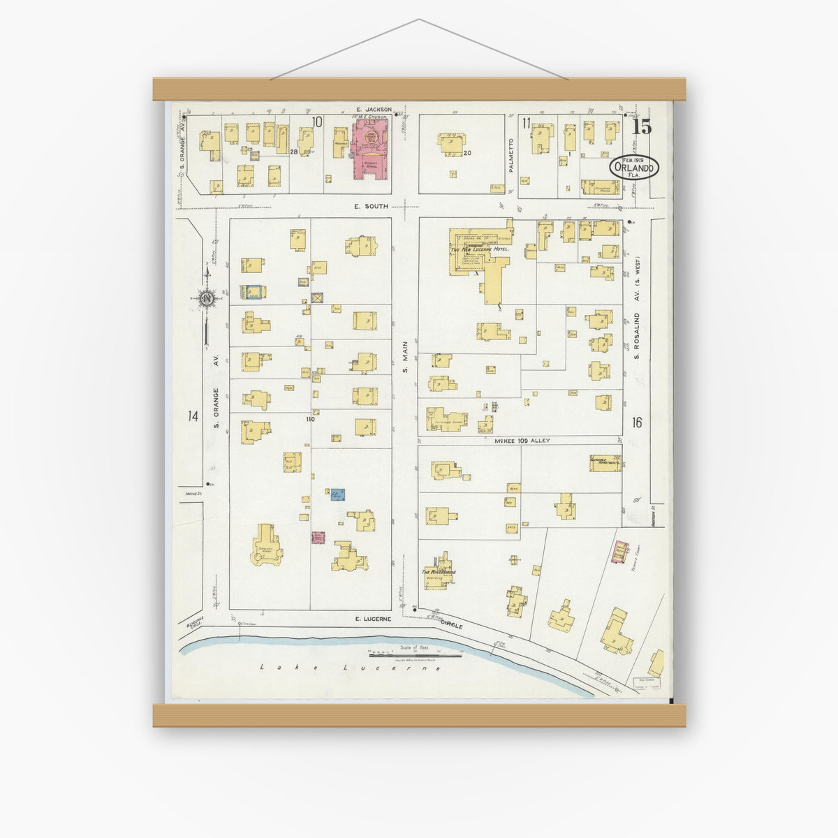 Old map wall art mockup — magnetic wood frame on white wall — Sanborn Fire Insurance Map from Orlando, Orange County, Florida (1919), Sheet #0015