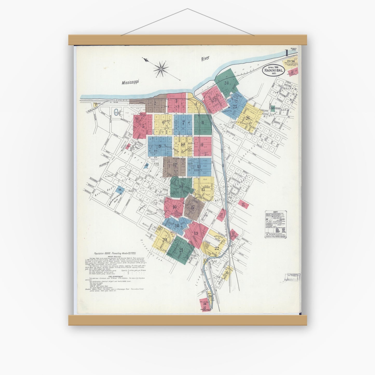Old map wall art mockup — magnetic wood frame on white wall — Sanborn Fire Insurance Map from Hannibal, Marion County, Missouri (1906) - Complete Map Set