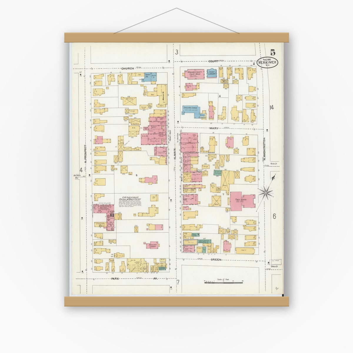 Old map wall art mockup — magnetic wood frame on white wall — Sanborn Fire Insurance Map from Herkimer, Herkimer County, New York (1906), Sheet #0005