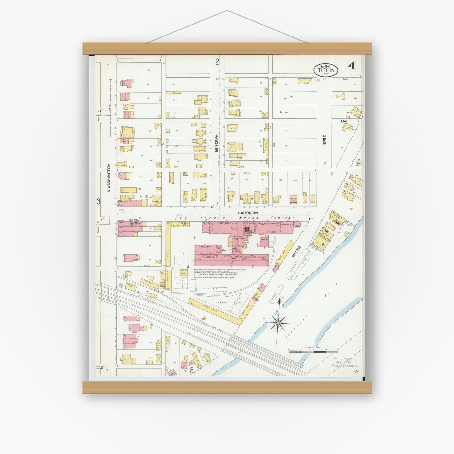 Old map wall art mockup — magnetic wood frame on white wall — Sanborn Fire Insurance Map from Tiffin, Seneca County, Ohio (1901), Sheet #0004