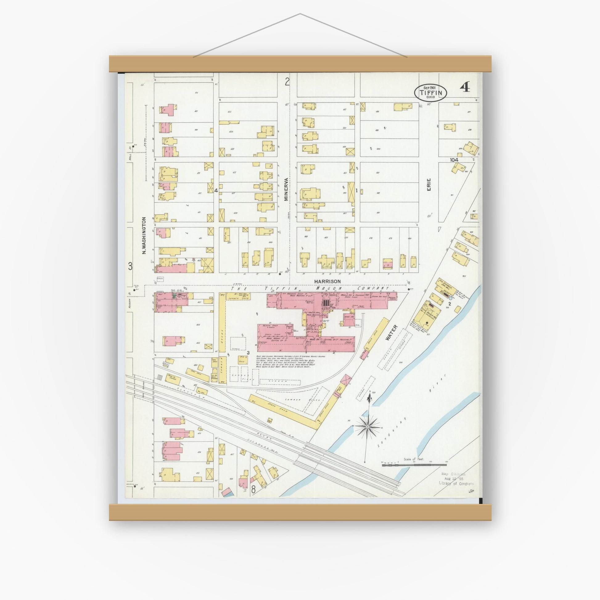 Old map wall art mockup — magnetic wood frame on white wall — Sanborn Fire Insurance Map from Tiffin, Seneca County, Ohio (1901), Sheet #0004