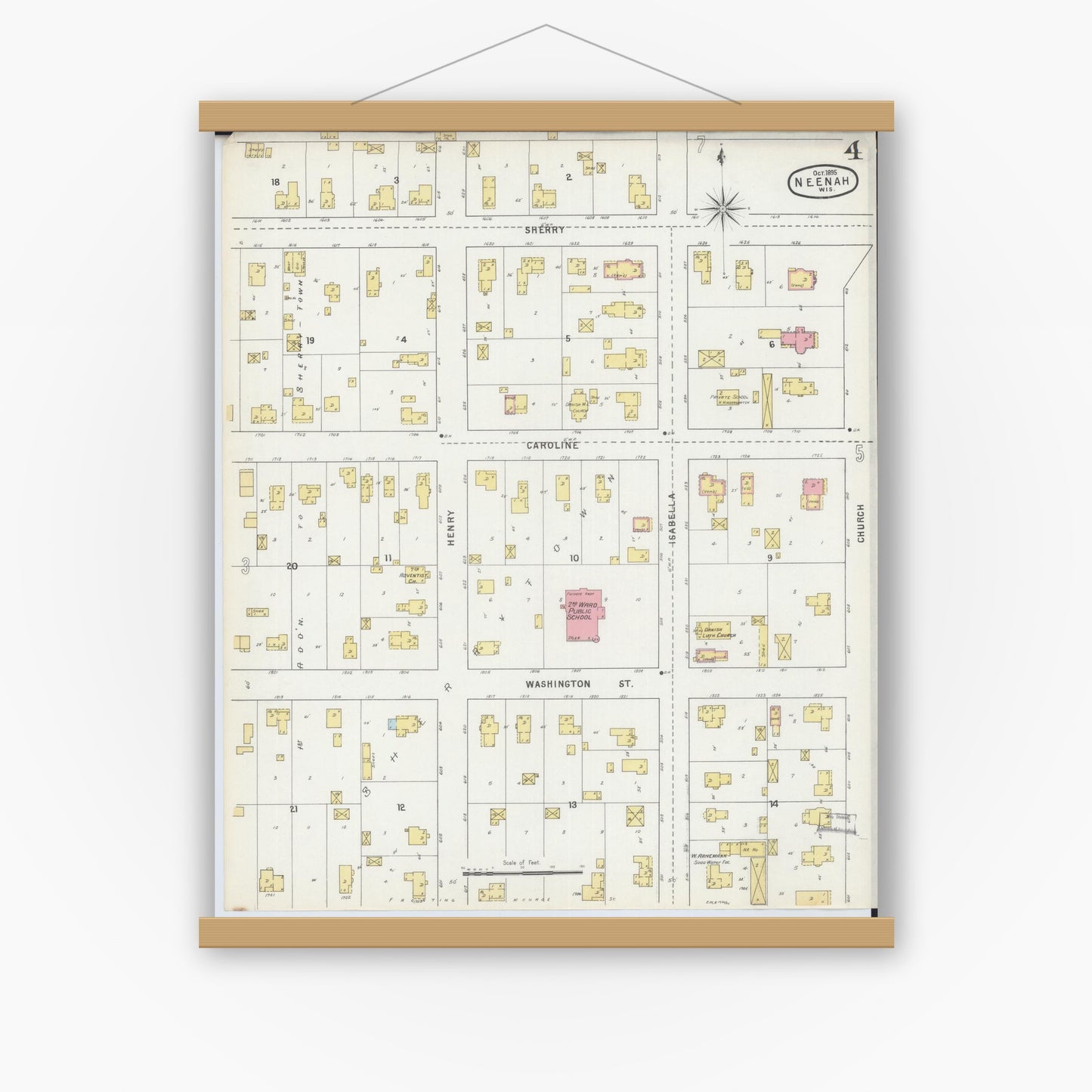 Old map wall art mockup — magnetic wood frame on white wall — Sanborn Fire Insurance Map from Neenah, Winnebago County, Wisconsin (1895), Sheet #0004