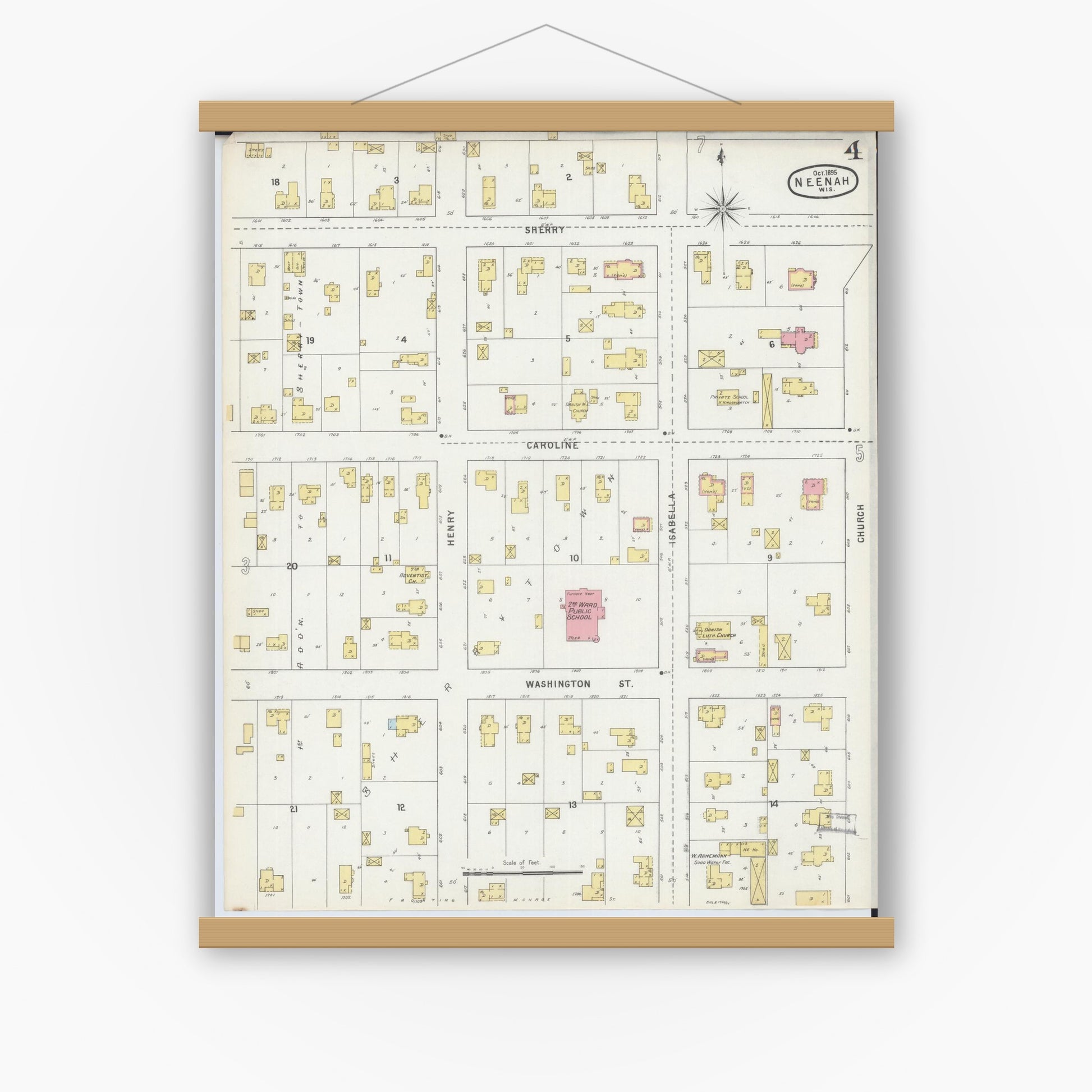 Old map wall art mockup — magnetic wood frame on white wall — Sanborn Fire Insurance Map from Neenah, Winnebago County, Wisconsin (1895), Sheet #0004