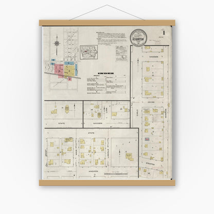 Old map wall art mockup — magnetic wood frame on white wall — Sanborn Fire Insurance Map from Scranton, Greene County, Iowa (1915) â€” Complete Set