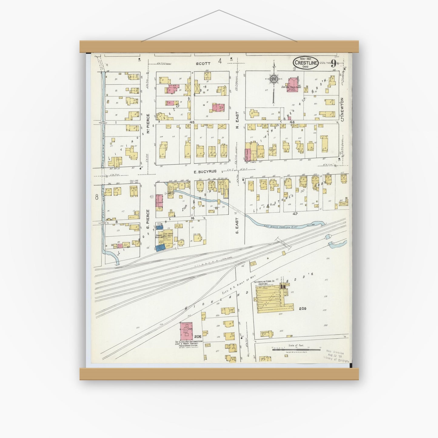 Old map wall art mockup — magnetic wood frame on white wall — Sanborn Fire Insurance Map from Crestline, Crawford County, Ohio (1921), Sheet #0009