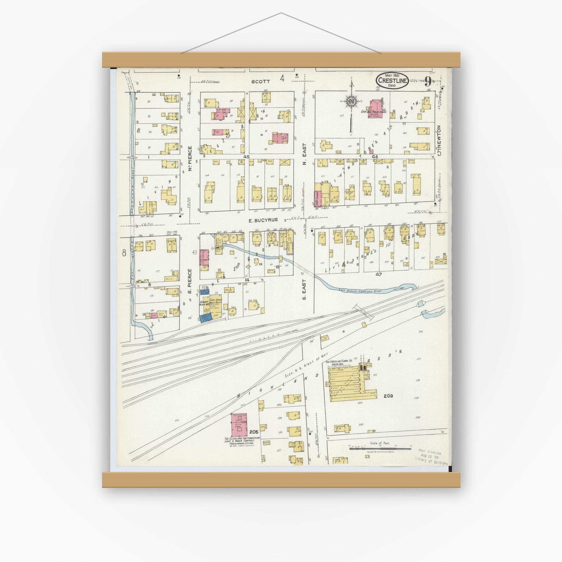 Old map wall art mockup — magnetic wood frame on white wall — Sanborn Fire Insurance Map from Crestline, Crawford County, Ohio (1921), Sheet #0009