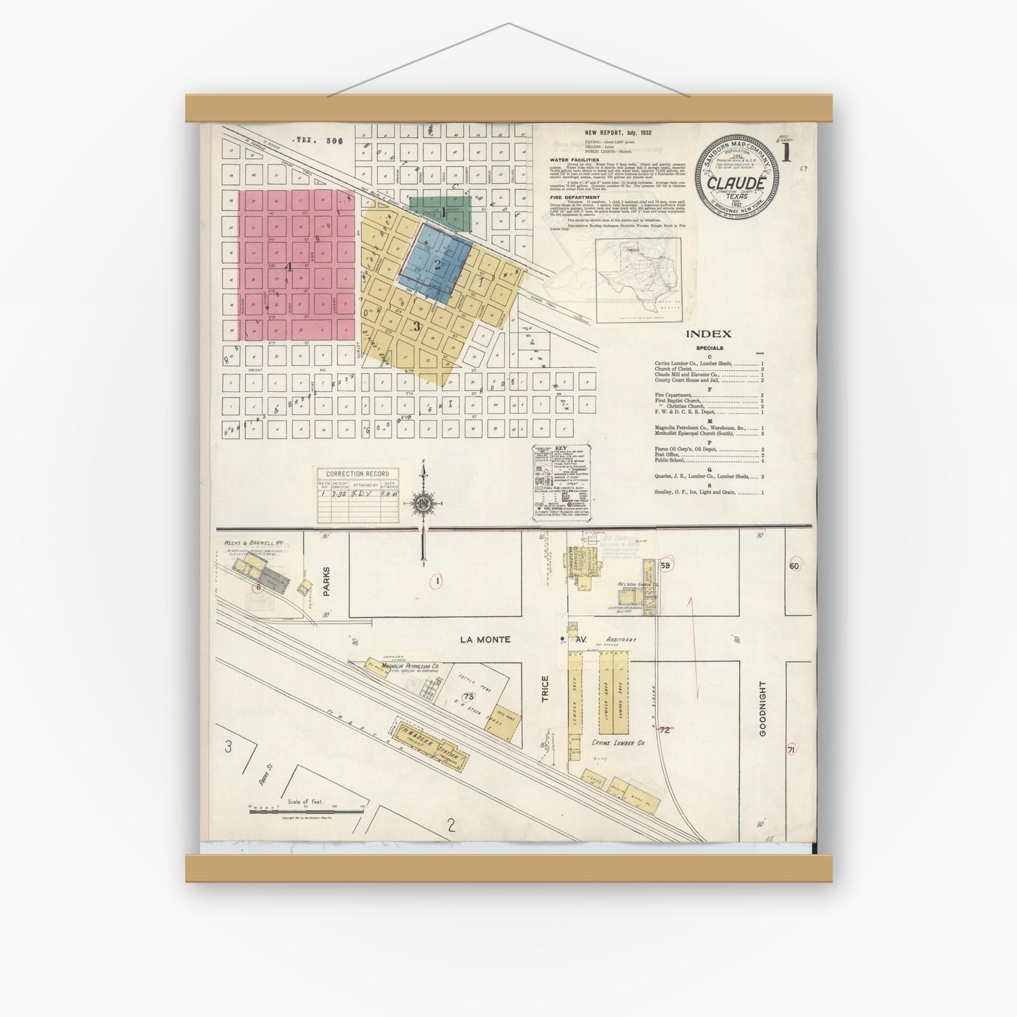 Old map wall art mockup — magnetic wood frame on white wall — Sanborn Fire Insurance Map from Claude, Armstrong County, Texas (1932), Sheet #0001