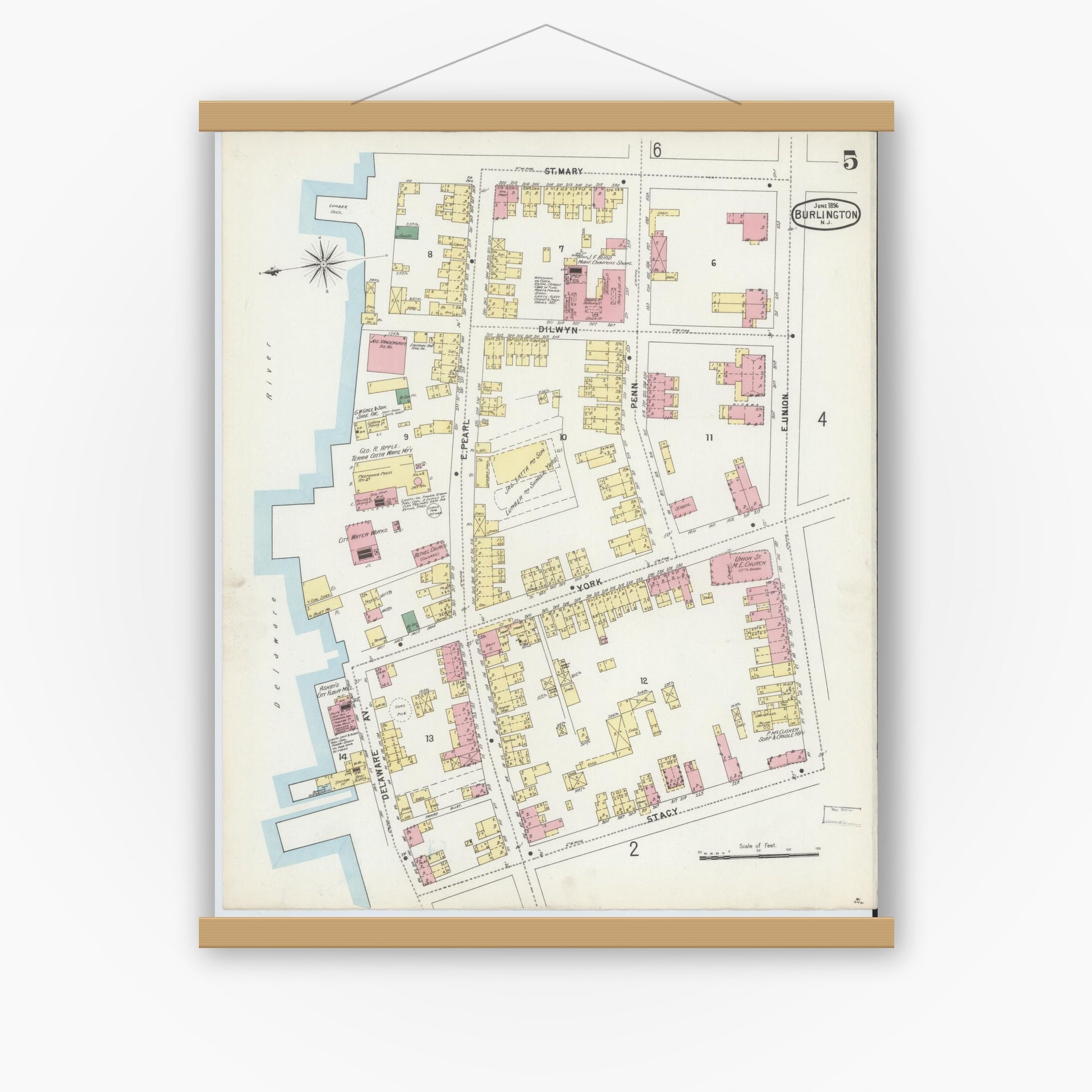 Old map wall art mockup — magnetic wood frame on white wall — Sanborn Fire Insurance Map from Burlington, Burlington County, New Jersey (1896), Sheet #0005