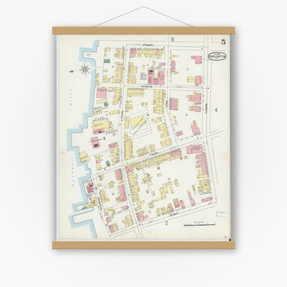 Old map wall art mockup — magnetic wood frame on white wall — Sanborn Fire Insurance Map from Burlington, Burlington County, New Jersey (1896), Sheet #0005