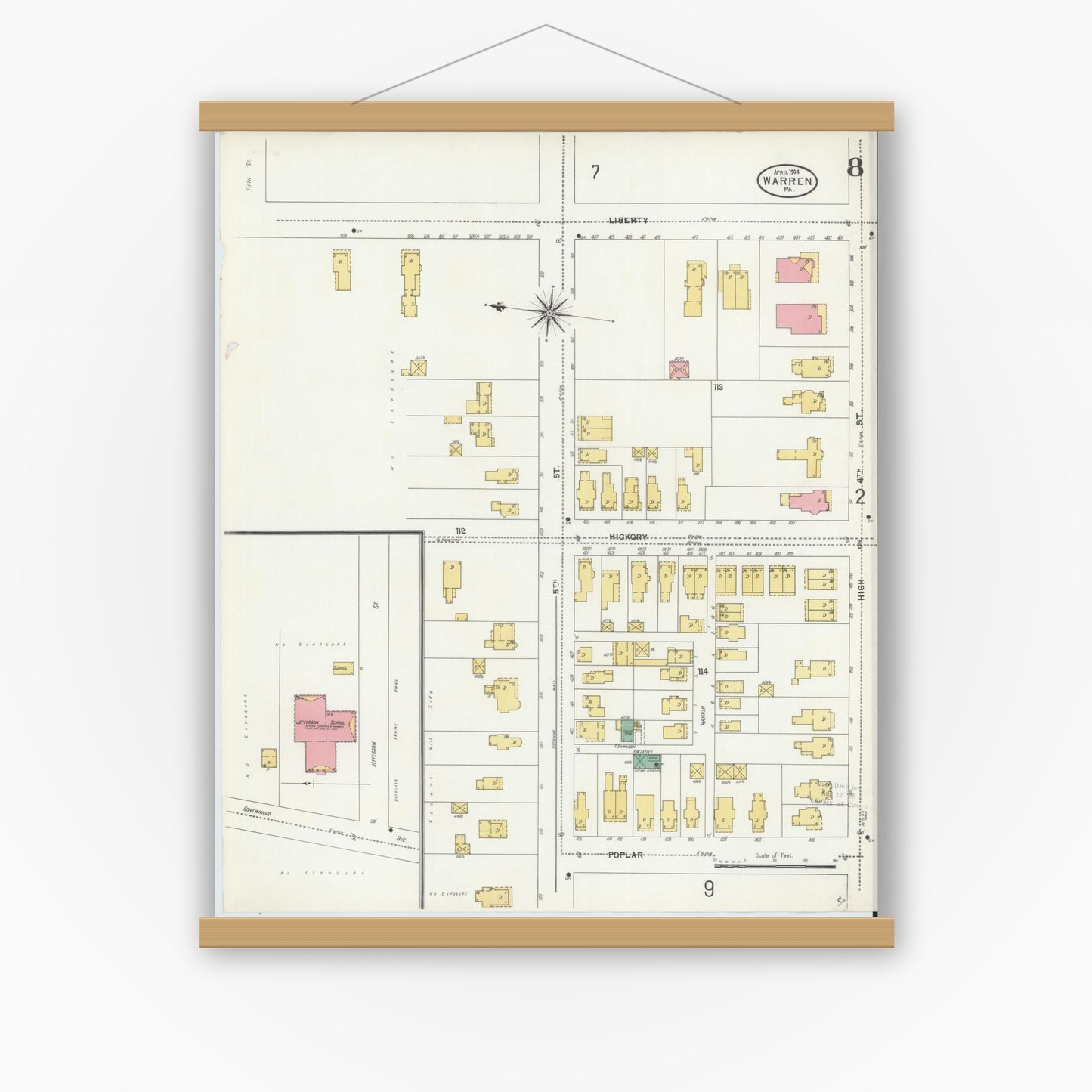 Old map wall art mockup — magnetic wood frame on white wall — Sanborn Fire Insurance Map from Warren, Warren County, Pennsylvania (1904), Sheet #0008