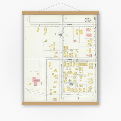 Old map wall art mockup — magnetic wood frame on white wall — Sanborn Fire Insurance Map from Warren, Warren County, Pennsylvania (1904), Sheet #0008