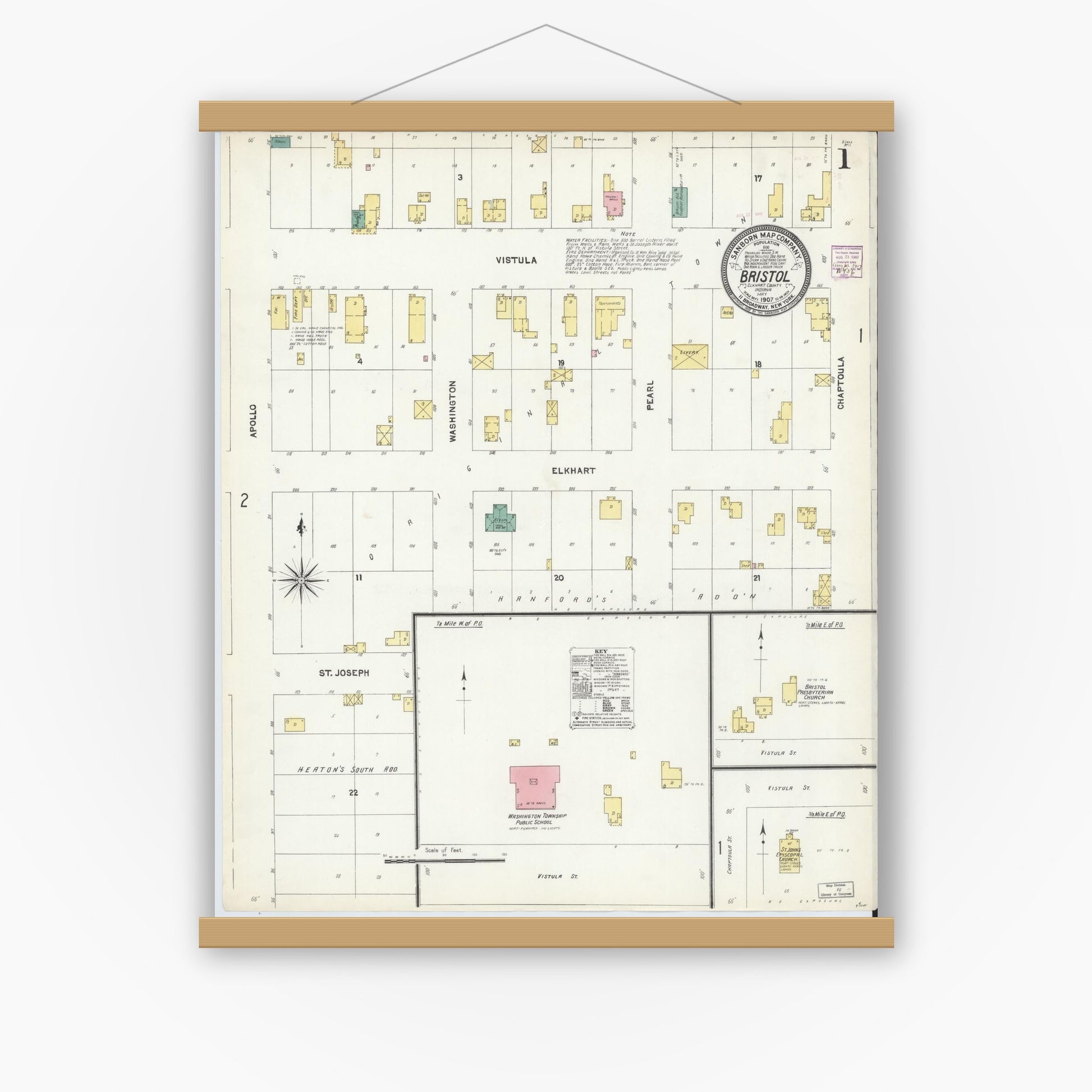 Old map wall art mockup — magnetic wood frame on white wall — Sanborn Fire Insurance Map from Bristol, Elkhart County, Indiana (1907) - Complete Map Set