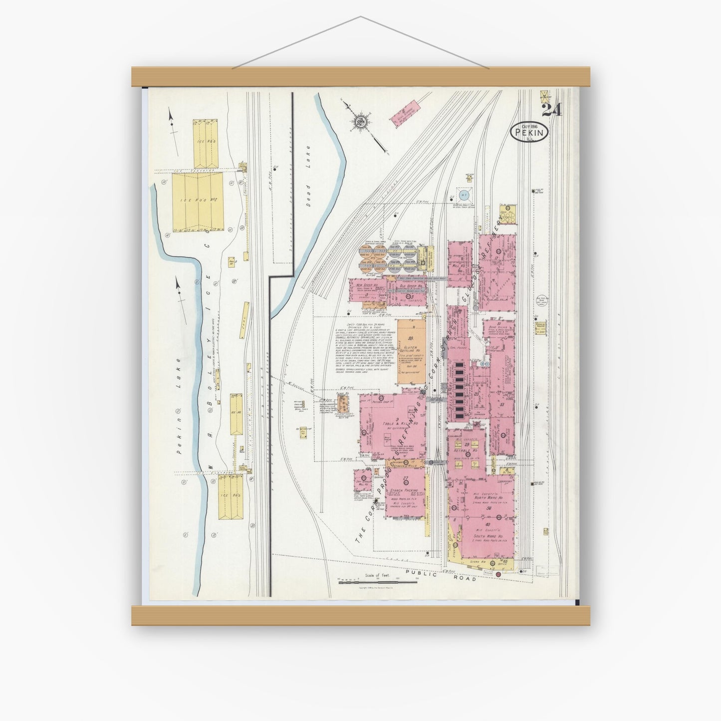 Old map wall art mockup — magnetic wood frame on white wall — Sanborn Fire Insurance Map from Pekin, Tazewell County, Illinois (1916), Sheet #0024