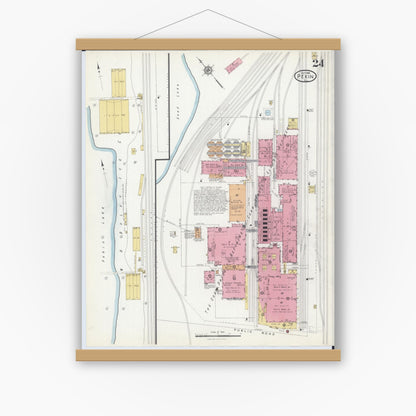 Old map wall art mockup — magnetic wood frame on white wall — Sanborn Fire Insurance Map from Pekin, Tazewell County, Illinois (1916), Sheet #0024