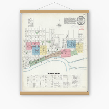Old map wall art mockup — magnetic wood frame on white wall — Sanborn Fire Insurance Map from Peru, La Salle County, Illinois (1897), Sheet #0001
