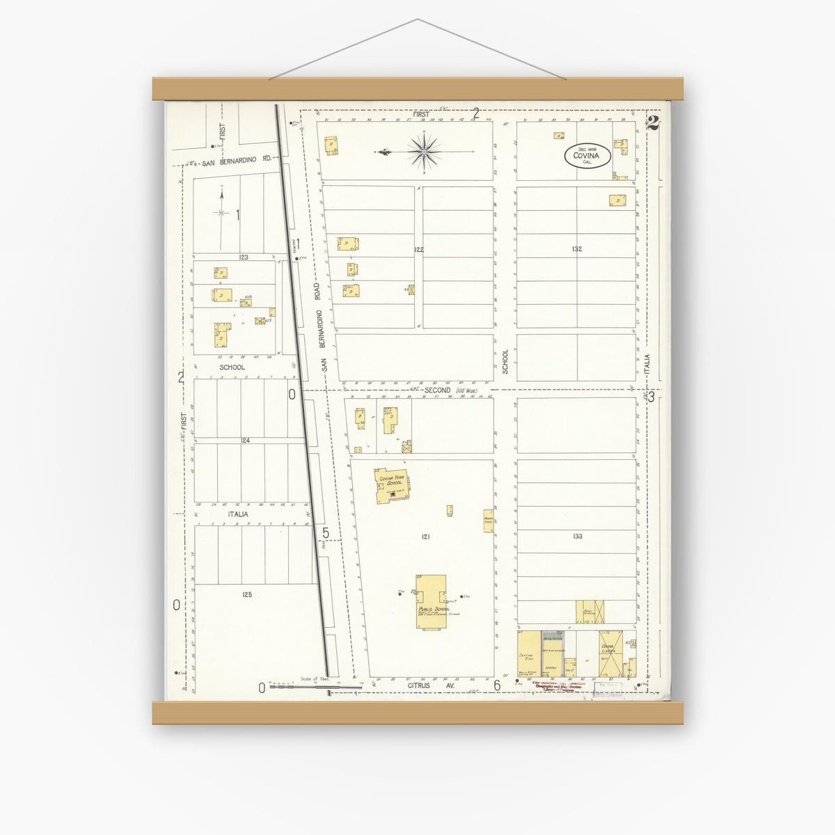 Old map wall art mockup — magnetic wood frame on white wall — Sanborn Fire Insurance Map from Covina, Los Angeles County, California (1906), Sheet #0002