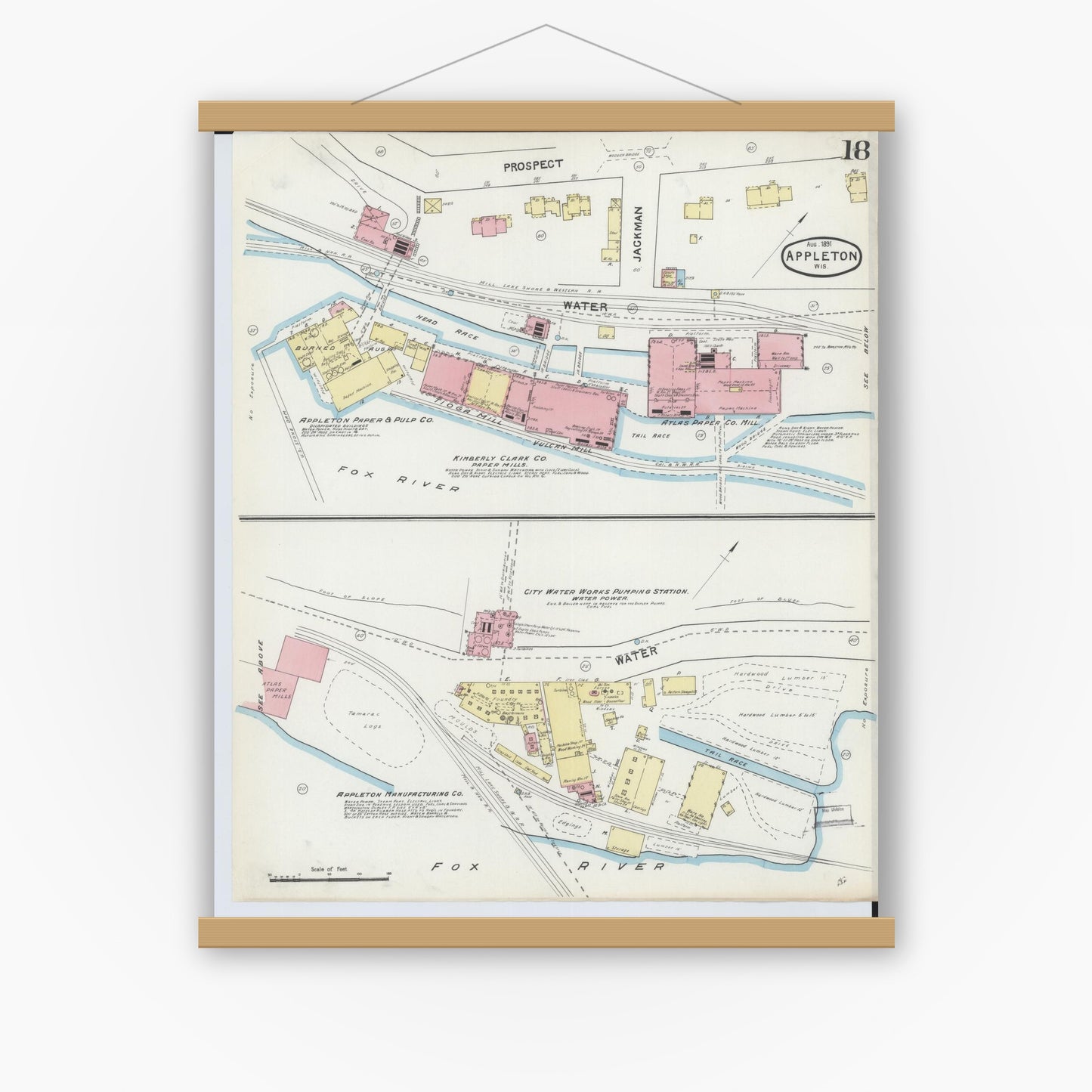 Old map wall art mockup — magnetic wood frame on white wall — Sanborn Fire Insurance Map from Appleton, Outagamie County, Wisconsin (1891), Sheet #0018